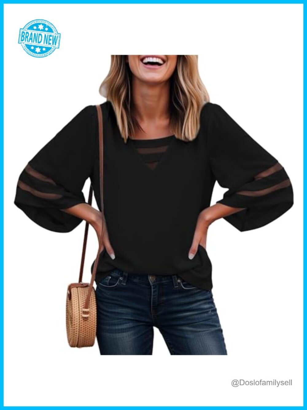 Womens Casual Strappy V Neck Blouse 3/4 Bell Sleeve Mesh Panel Top